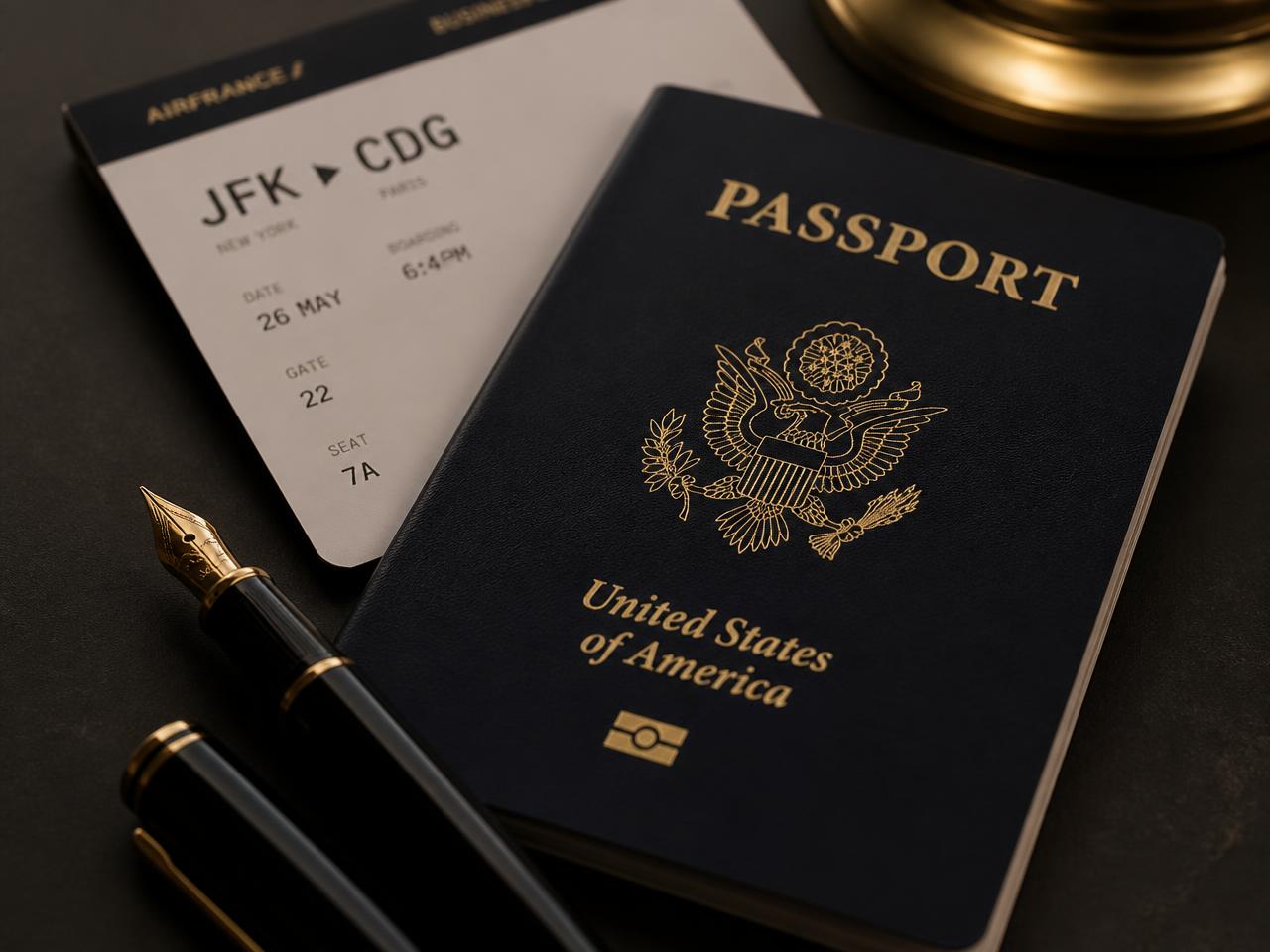 A passport, boarding pass and pen on a desk